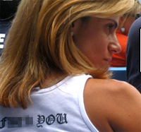 Cynthia Rodriguez with "F-You" t-shirt